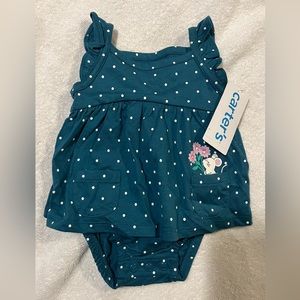 NWT. One piece. Size:newborn. Brand:Carter’s. Color:turquoise w/ white polkadots